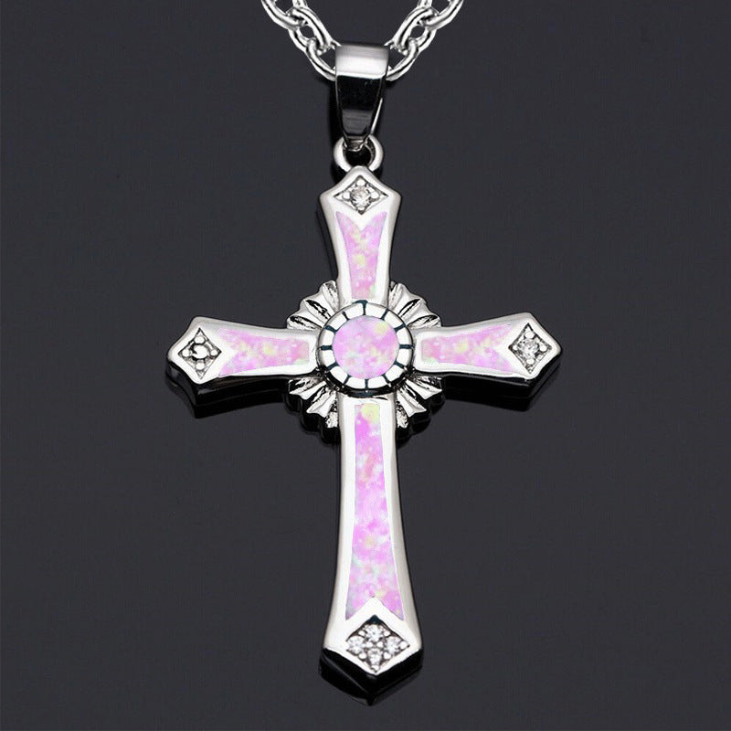 Retro Opal Inlay Cross Pendant Necklace for Women