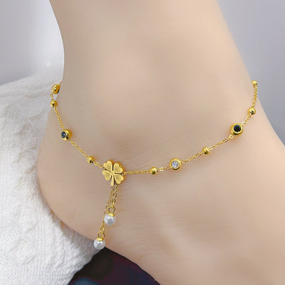 Elegant Butterfly & Star 18K Gold Plated Stainless Steel Anklet with Shell Tassel and Zirconia Accents