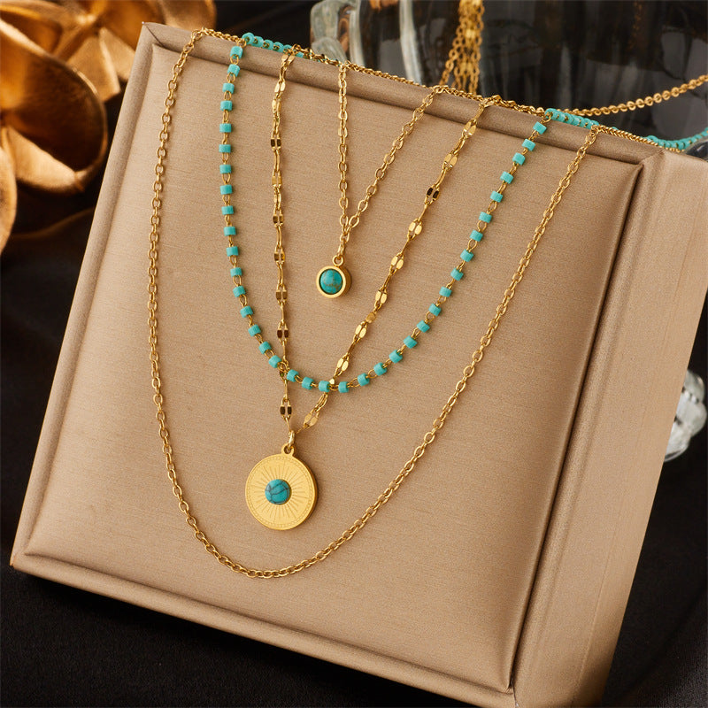 Retro Modern Style Eye Titanium Steel Plating Hollow Out Inlay Turquoise Zircon 18K Gold Plated Layered Necklaces