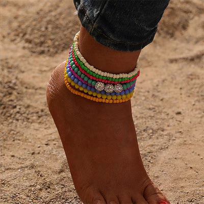 Beach Bohemian Heart Shape Beaded Rhinestone Anklet with Shell Pendant