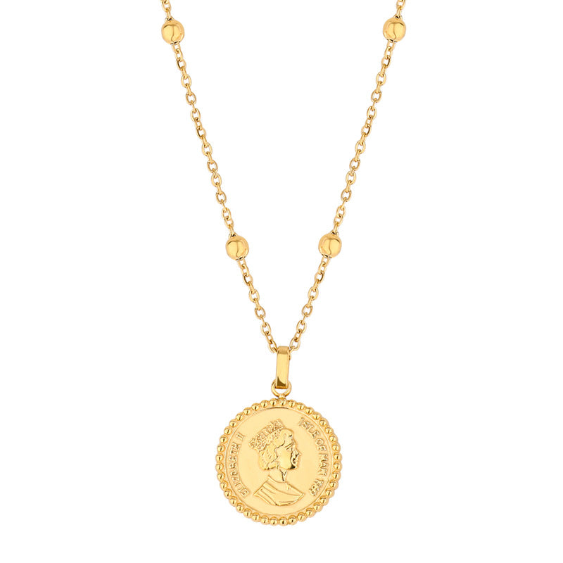 Elegant Zircon Gold Plated Stainless Steel Pendant Necklace with Coin and Shell Design