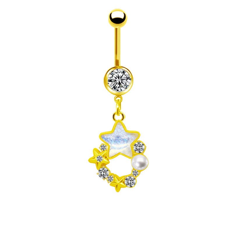 Gold Plated Heart & Star Belly Ring with Rhinestones and Wings Design