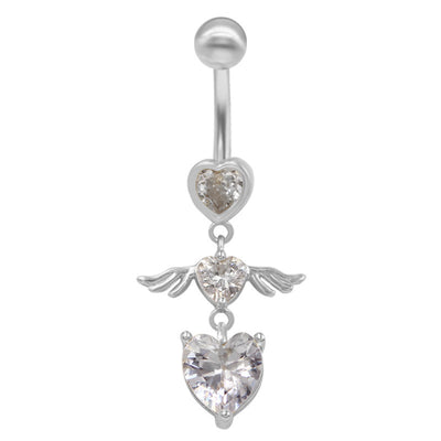 Heart Shape Winged Spider Belly Ring with Rhinestone Inlay - Gold & Silver Plated