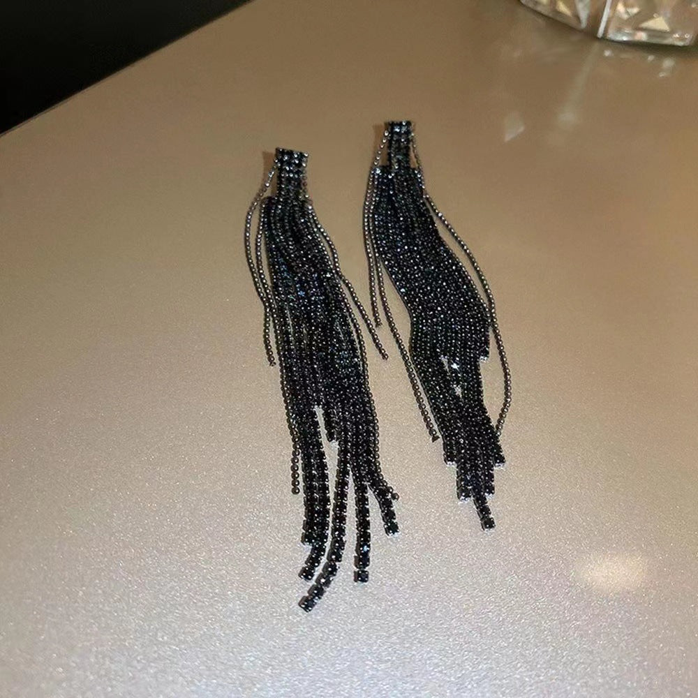 Geometric Alloy Tassel Rhinestone Drop Earrings with 925 Silver Needle