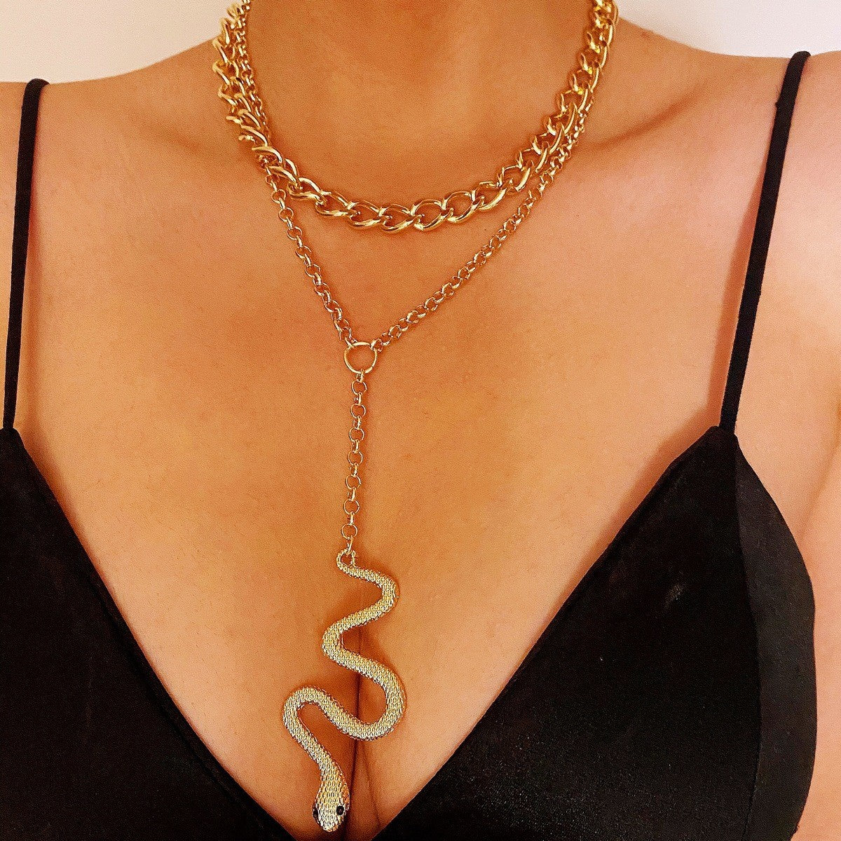 Exaggerated Vintage Snake Pendant Hip-hop Necklace with Double Layer Chain