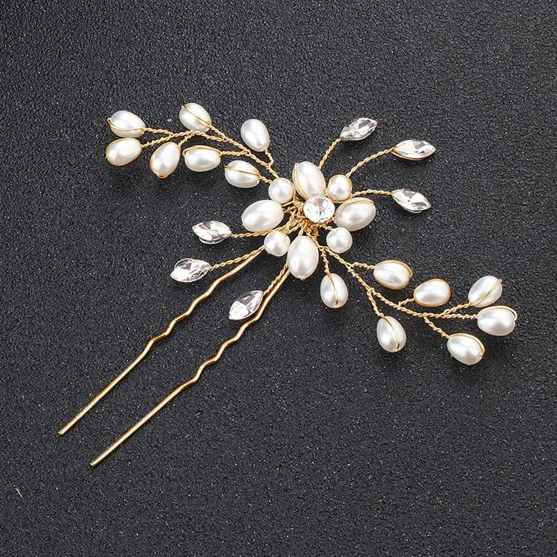 Fashion Leaf Rhinestone Pearl Crystal Bridal Hairpin U-Shaped Clip