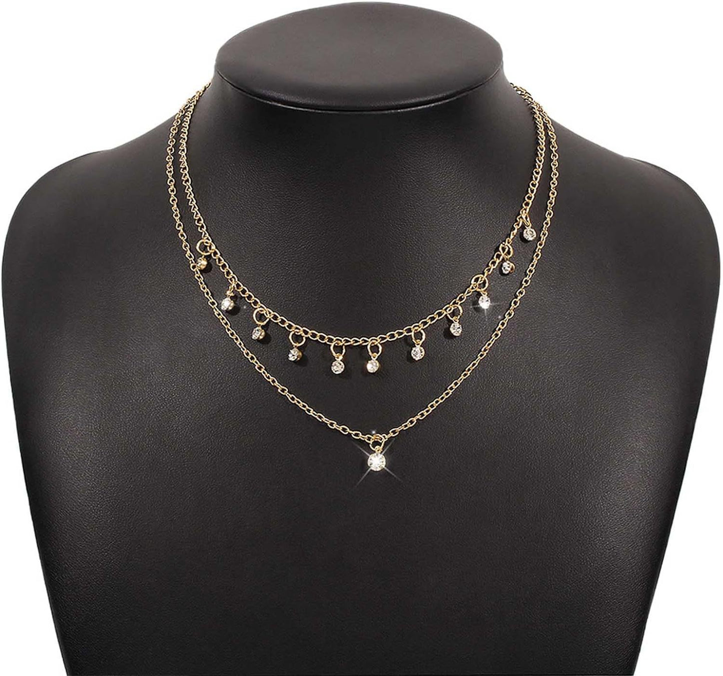 Classic Geometric Rhinestone Double Layer Pendant Necklace