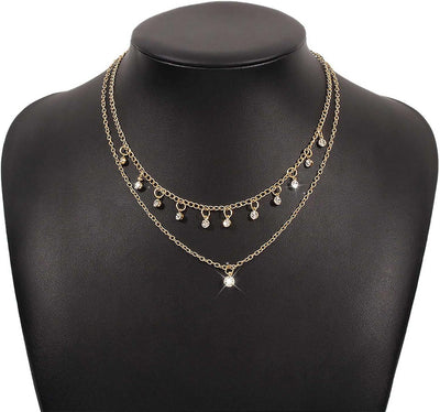 Classic Geometric Rhinestone Double Layer Pendant Necklace