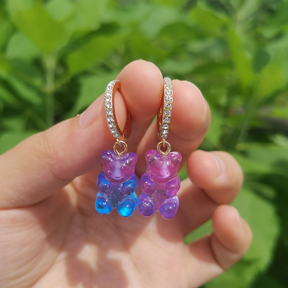 Resin Mini Color Gradient Bear Pendant Earrings