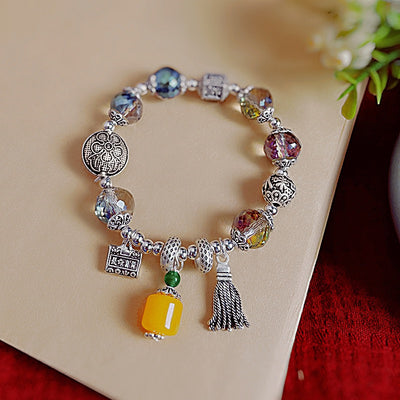 Colorful Crystal Beaded Elephant Charm Bracelet with Tassel and Vintage Silver Pendant