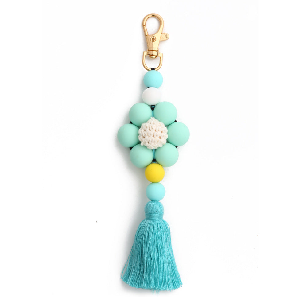 Pastoral Color Block Beaded Silicone Tassel Keychain for Women