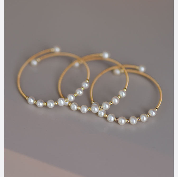 Elegant Retro Freshwater Pearl Braided Gold Bangle Bracelet