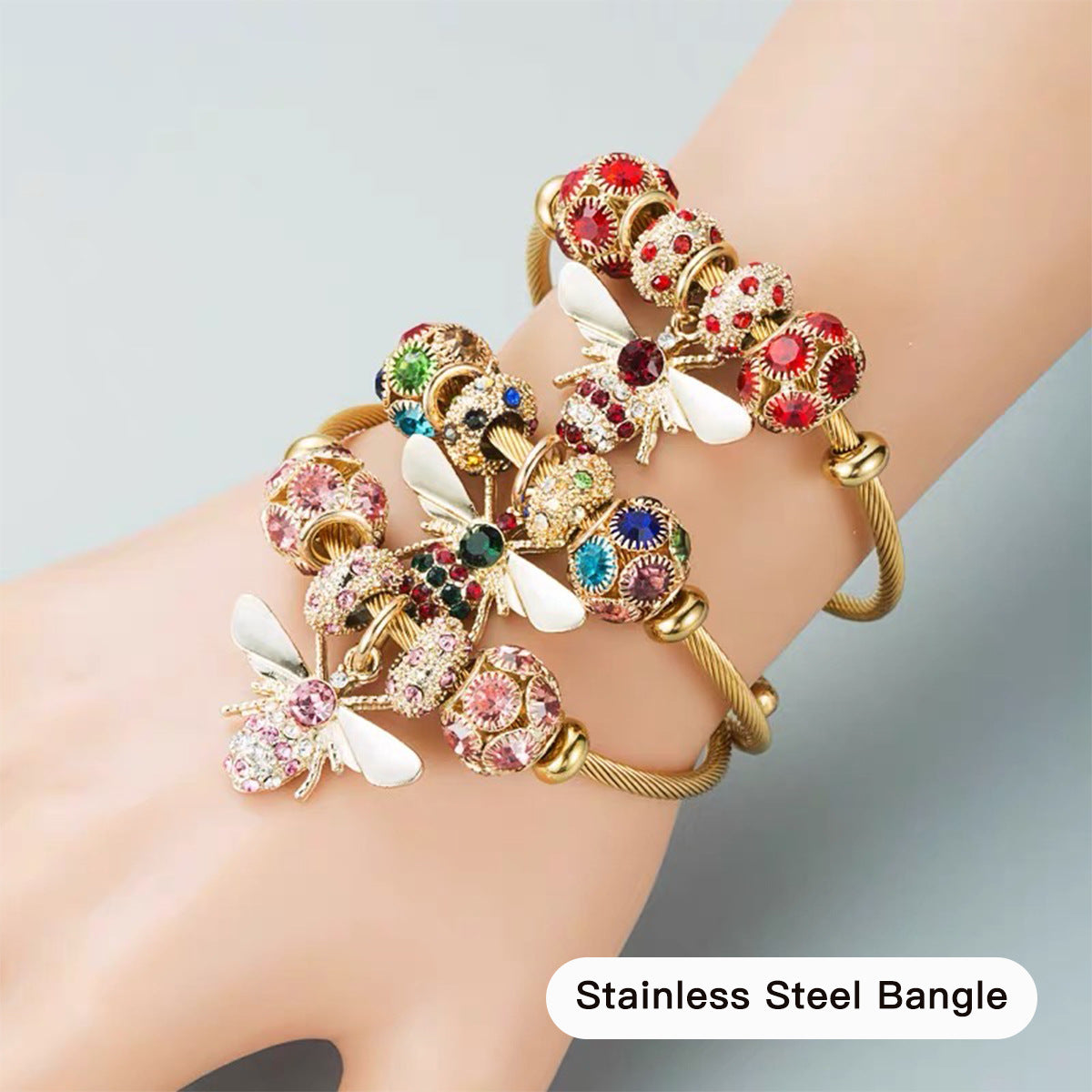 Colorful Bee Zircon Alloy Stainless Steel Bangle Bracelet