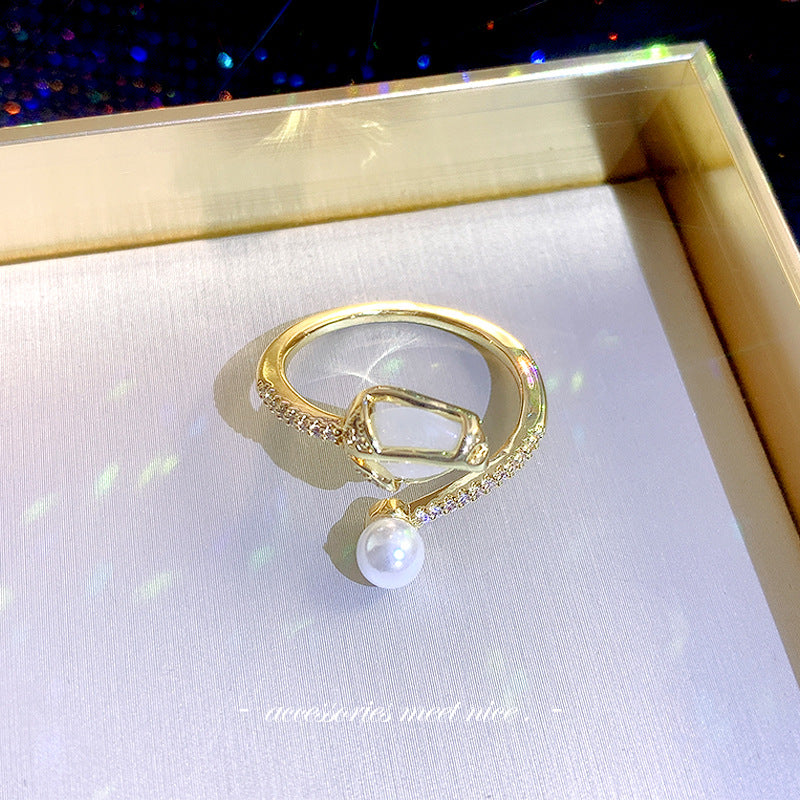 Elegant Geometric 14K Gold Plated Open Ring with Artificial Pearls and Rhinestones