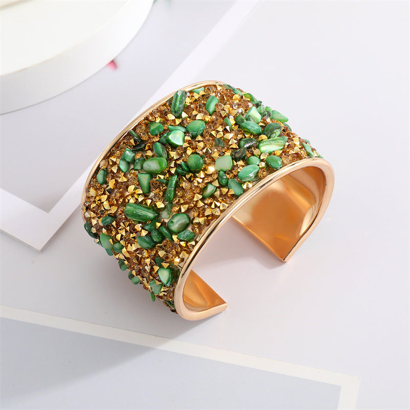 Bohemian Ethnic Colored Gravel Rhinestone Open Cuff Bracelet