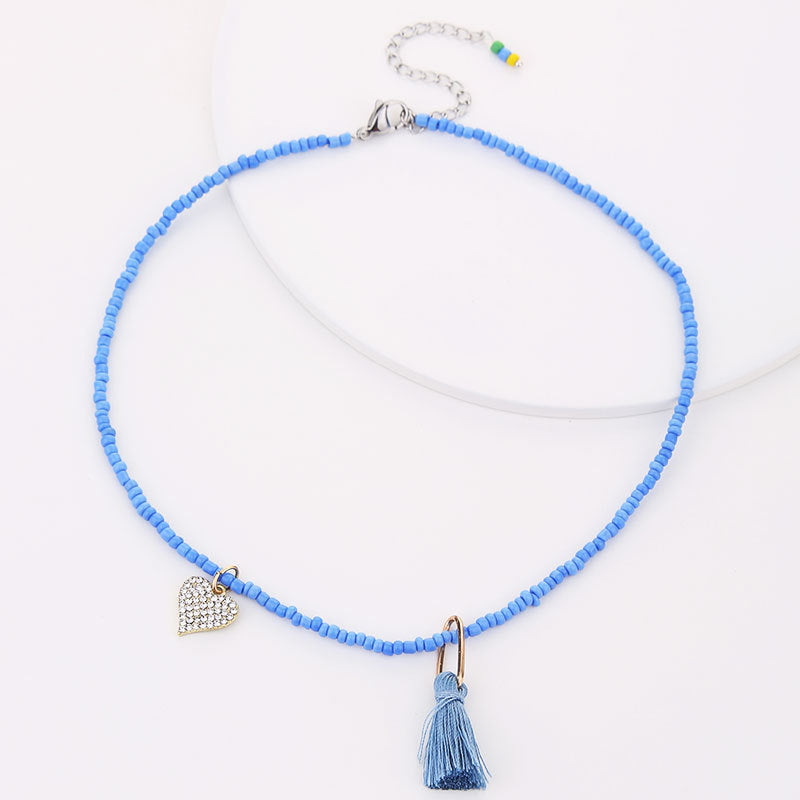 Handmade Geometric Heart Shape Glass Beaded Tassel Necklace