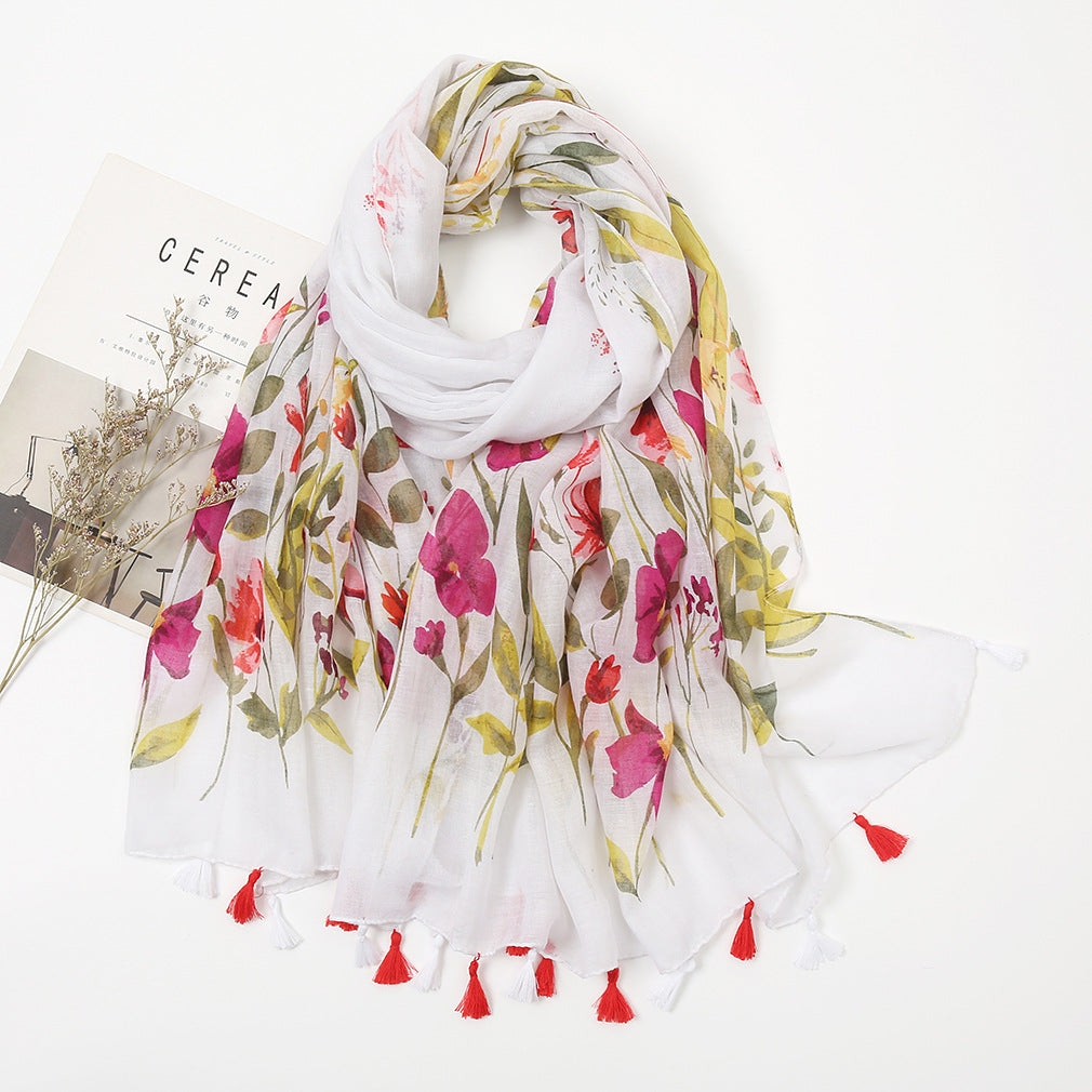 Women's Vintage Bohemian Floral Cotton Linen Print Scarf with Tassels