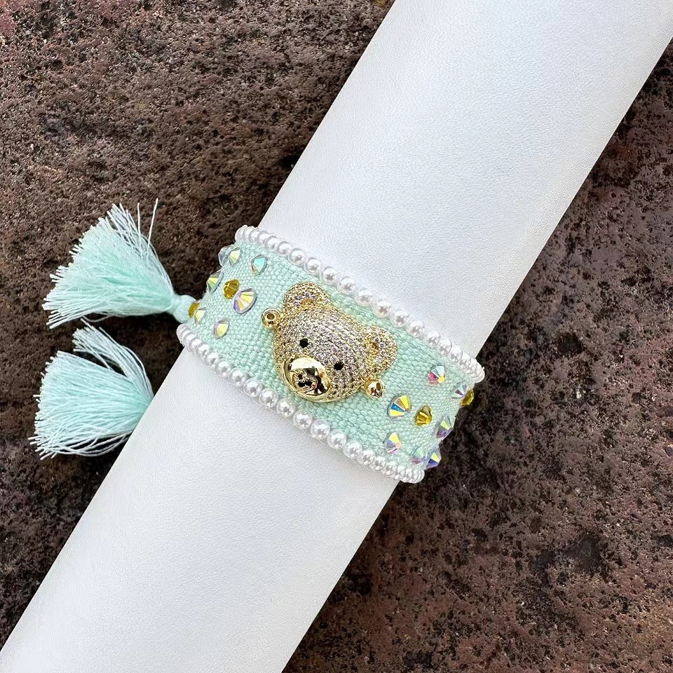 Cute Bear Cartoon Diamond-Studded Woven Tassel Bracelet