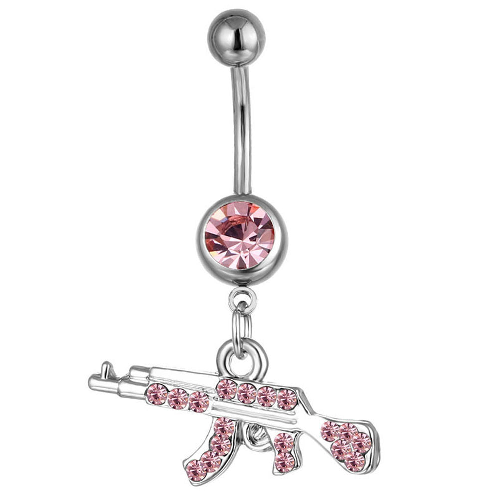 Gun-Shaped Geometric Pendant Navel Ring with Rhinestones