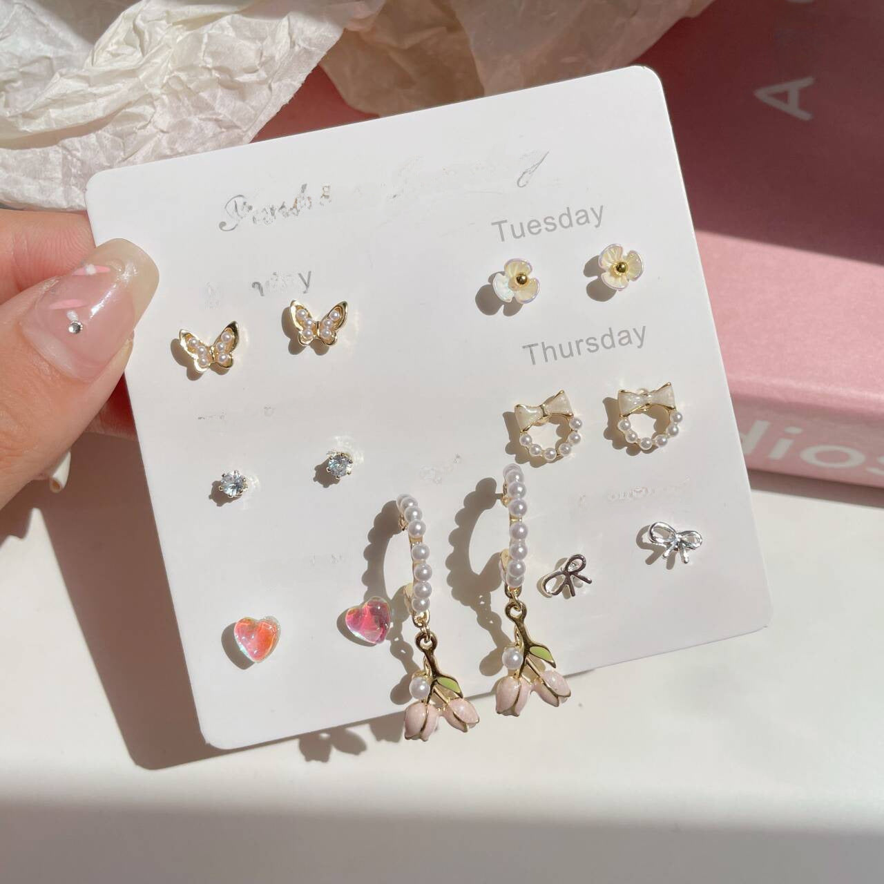 1 Set Enamel Inlay Leaf Insect Flower Pearl Ear Studs - Butterfly Floral Ear Cuff Set for Women