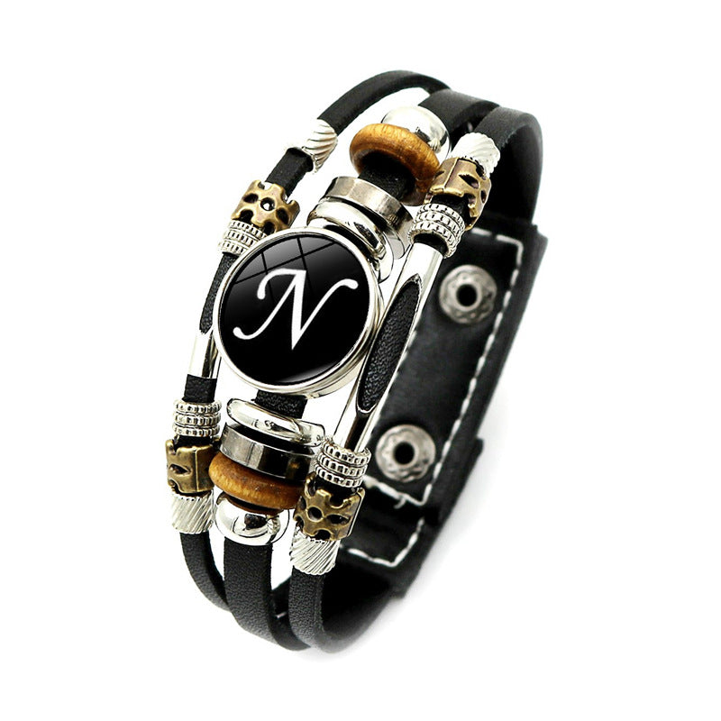 Unisex Retro Punk Multi-Layer Beaded Leather Bracelet with Alphabet Charm