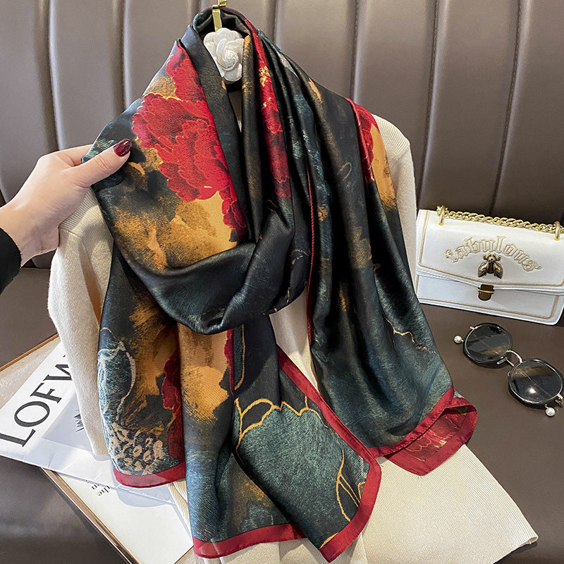 Women's Retro Printed Satin Silk Scarf Shawl Wrap