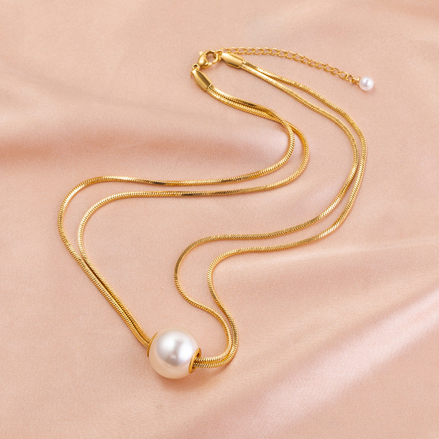 Geometric Imitation Pearl Titanium Steel Layered Necklace for Women