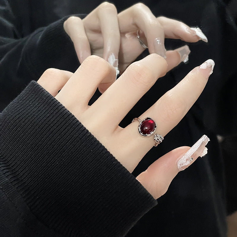 Fashion Minimalist Red Agate Zircon Inlay Open Ring for Women