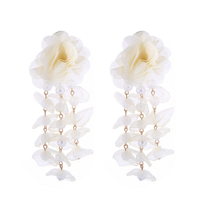 1 Pair Bohemian Flower Imitation Pearl Gauze Tassel Drop Earrings