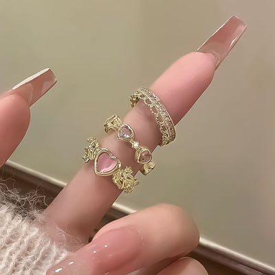 IG Style Heart Shape Alloy Gemstone Rhinestone Women's Open Ring Set