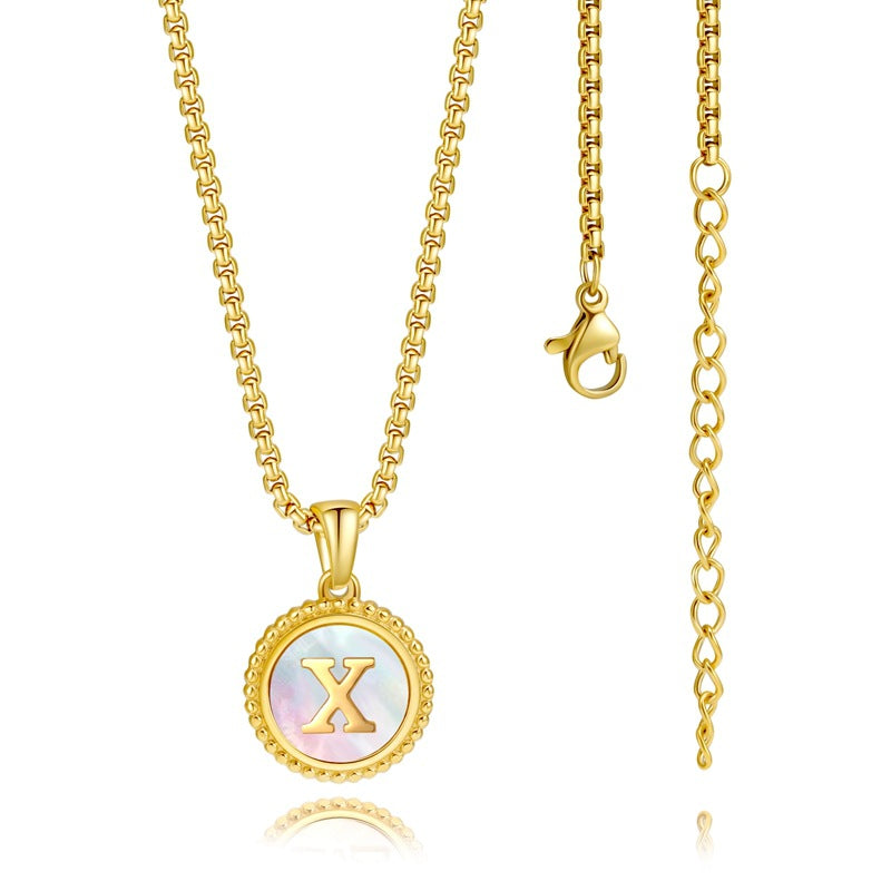 Stainless Steel Inlay Shell Pendant Necklace with 18k Gold Plated Round Floral Design and Alphabet Charm