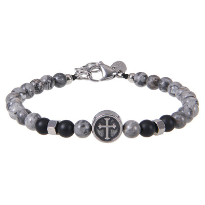 Retro Cross Stainless Steel & Obsidian Beaded Men's Bracelet