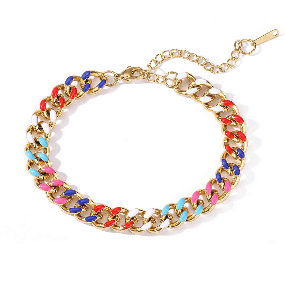 Colorful 18K Gold Plated Stainless Steel Cuban Chain Bracelet - Titanium Steel Dripping Oil Design for Women