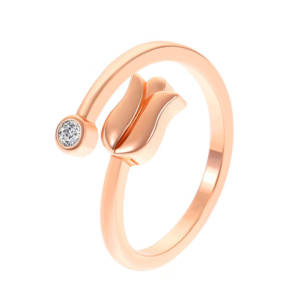 Luxurious Rose Copper Camellia Open Ring for Women