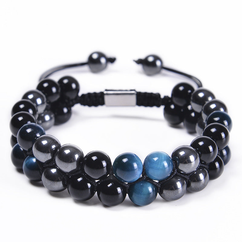 Geometric Blue Tiger Eye & Black Agate Double Layer Handmade Bracelet