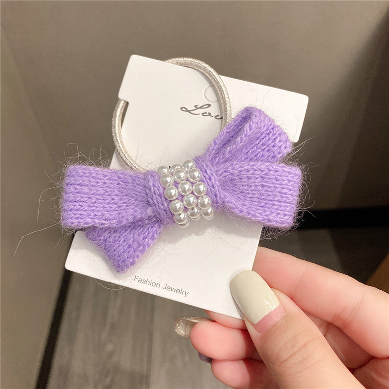 Autumn Winter Bow Wool Headband with Pearl Hair Tie for Women