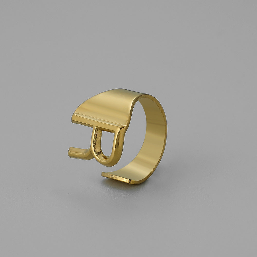 Fashion Alphabet Titanium Steel Gold Plated Open Ring