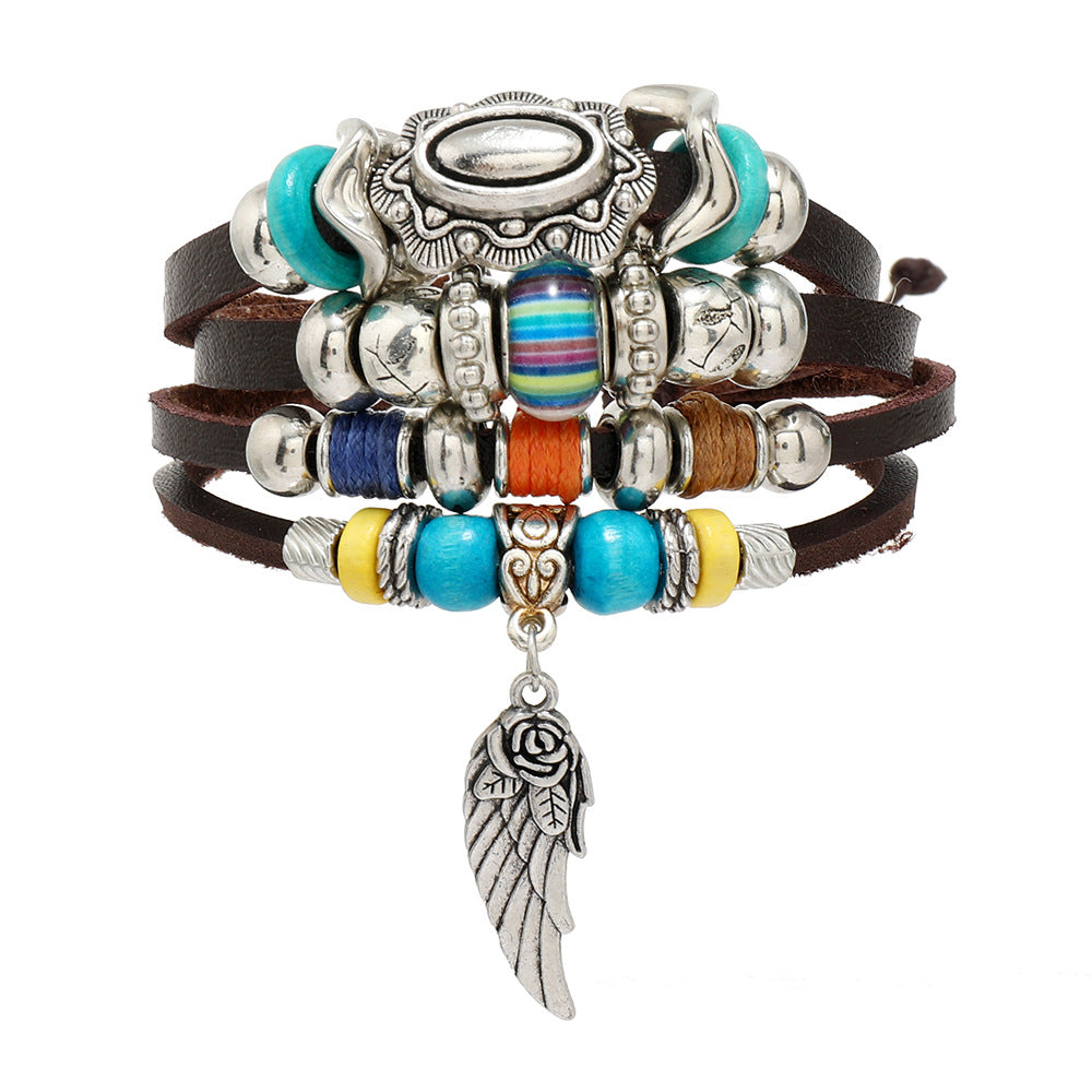 Retro Ethnic Style Color Block PU Leather Bracelet with Beaded Feathers and Tree of Life Turquoise Accents