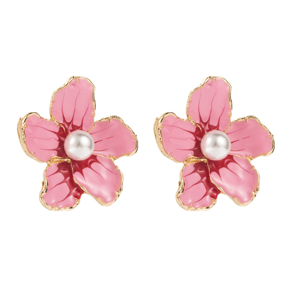 1 Pair Elegant Flower Enamel Alloy Pearl Stud Earrings