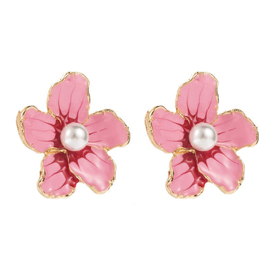 1 Pair Elegant Flower Enamel Alloy Pearl Stud Earrings