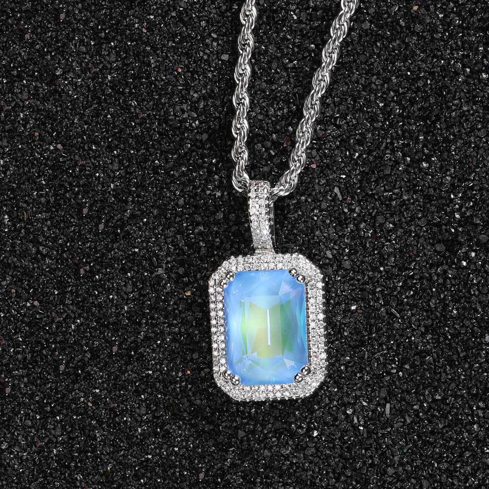 Hip-hop Square Zircon Gemstone Pendant Necklace