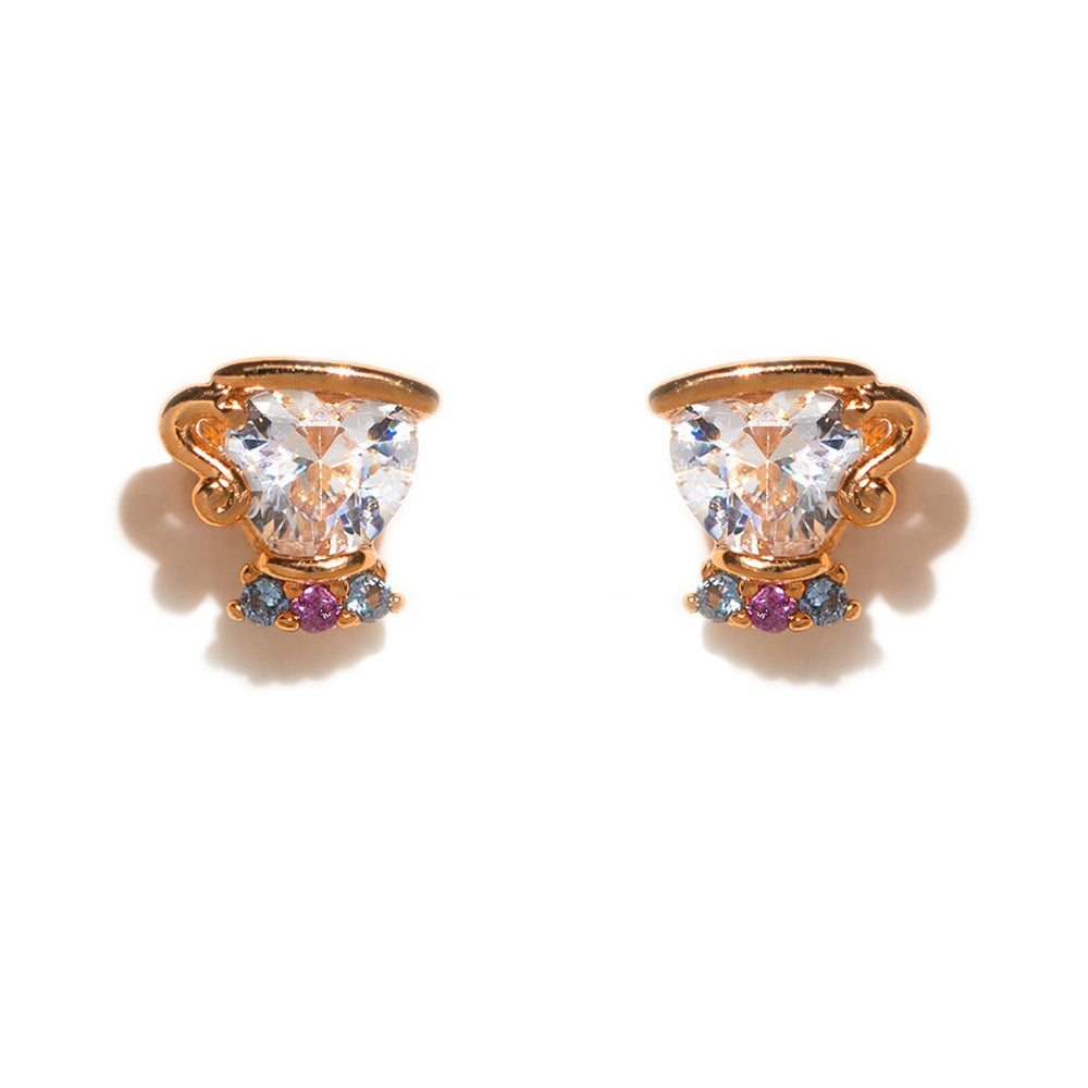 1 Set Artistic Geometric Candle and Cartoon Cup 18K Rose Gold Plated Zircon Inlay Ear Studs