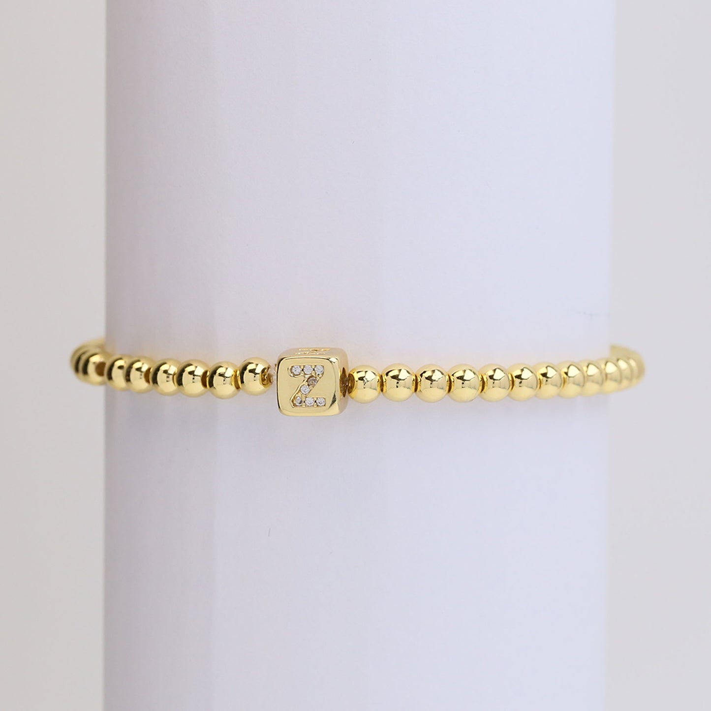 18k Gold Plated Copper Letter Zircon Beaded Stretch Bracelet