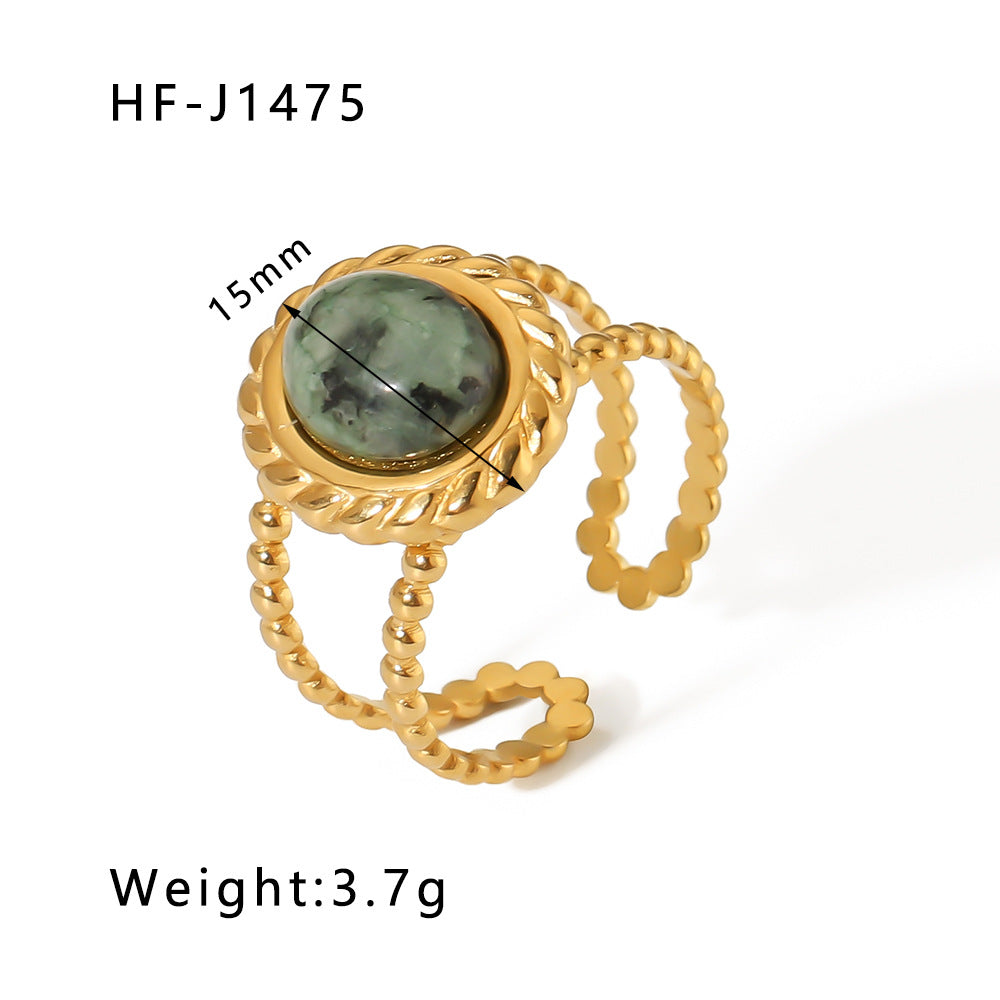 Vintage Geometric Emerald Natural Stone 18K Gold Plated Stainless Steel Open Ring