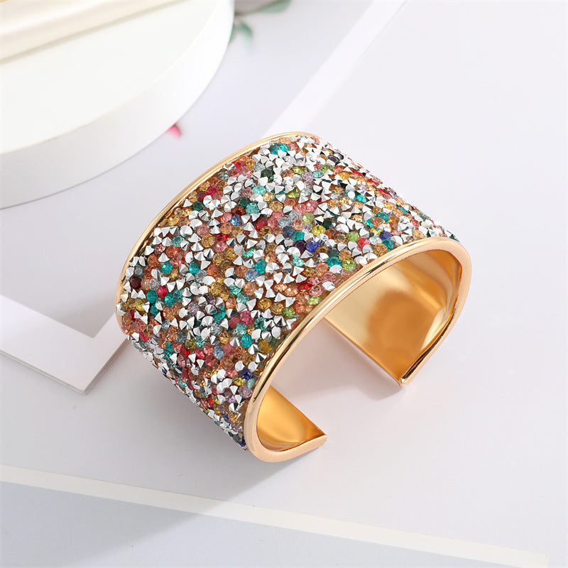 Bohemian Ethnic Colored Gravel Rhinestone Open Cuff Bracelet