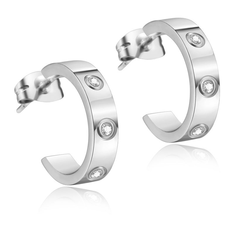 Simple Style C Shape Stainless Steel Inlay Zircon Ear Studs 1 Pair