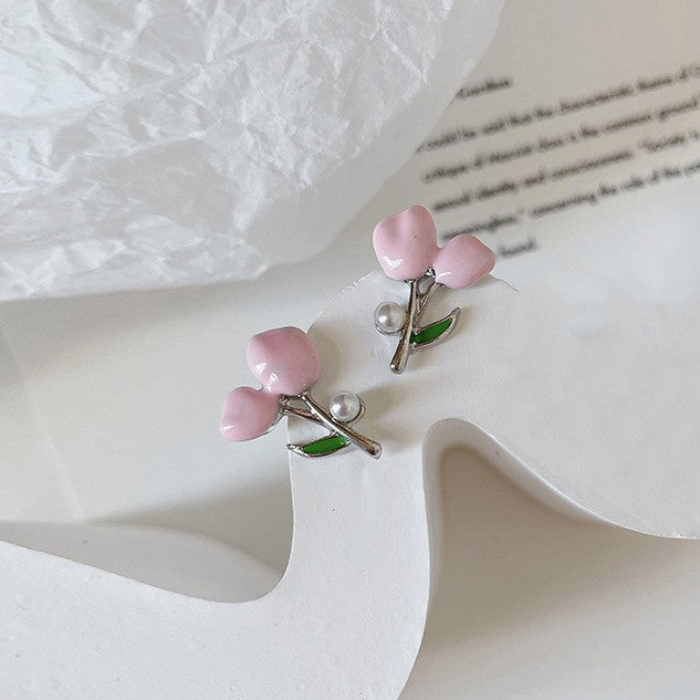 Sweet Korean Style Tulip Flower Pearl Earrings with 925 Silver Needle