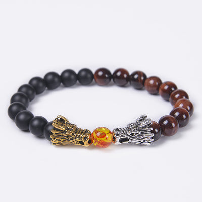 Classic Round Natural Stone Beaded Bracelet with Dragon Head and Matte Tiger Eye Beads