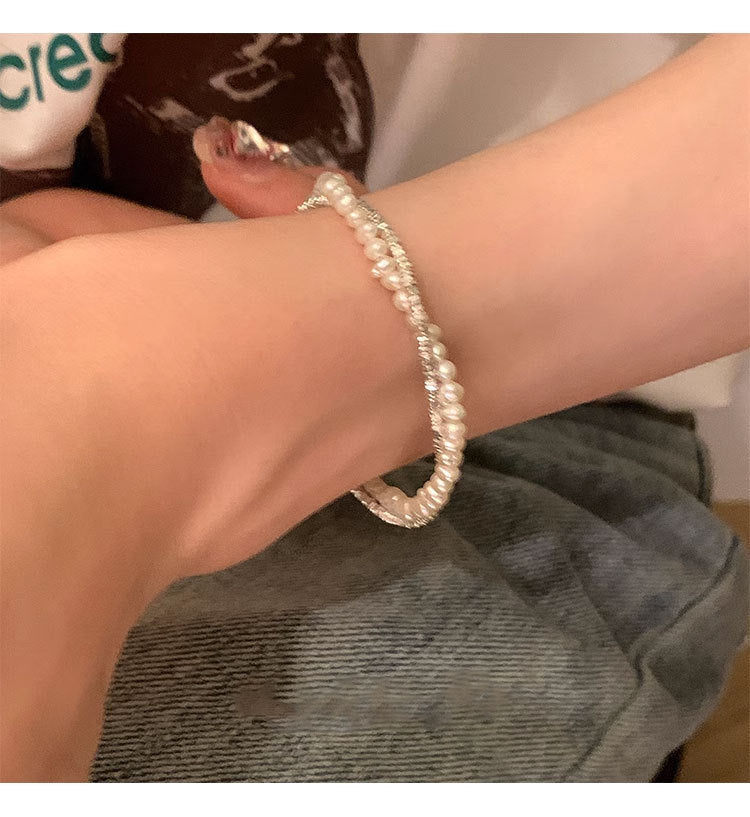 S925 Sterling Silver Double-Layer Pearl Geometric Beaded Bracelet Women's Niche Design