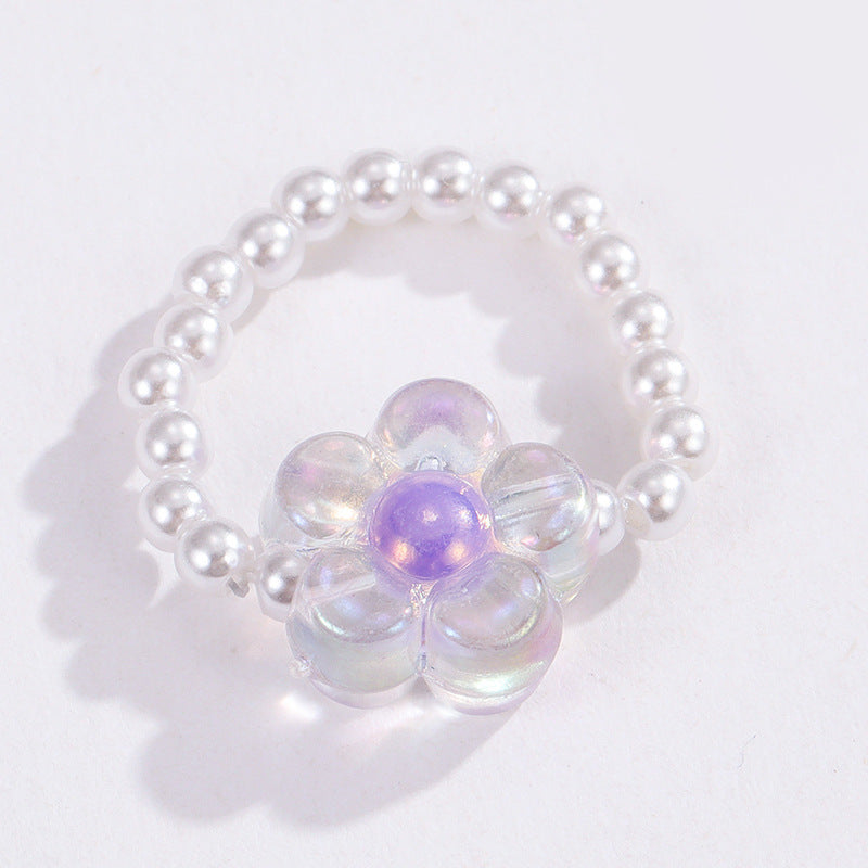 Wholesale Bohemian Flower Glass Beaded Rings with Artificial Pearl